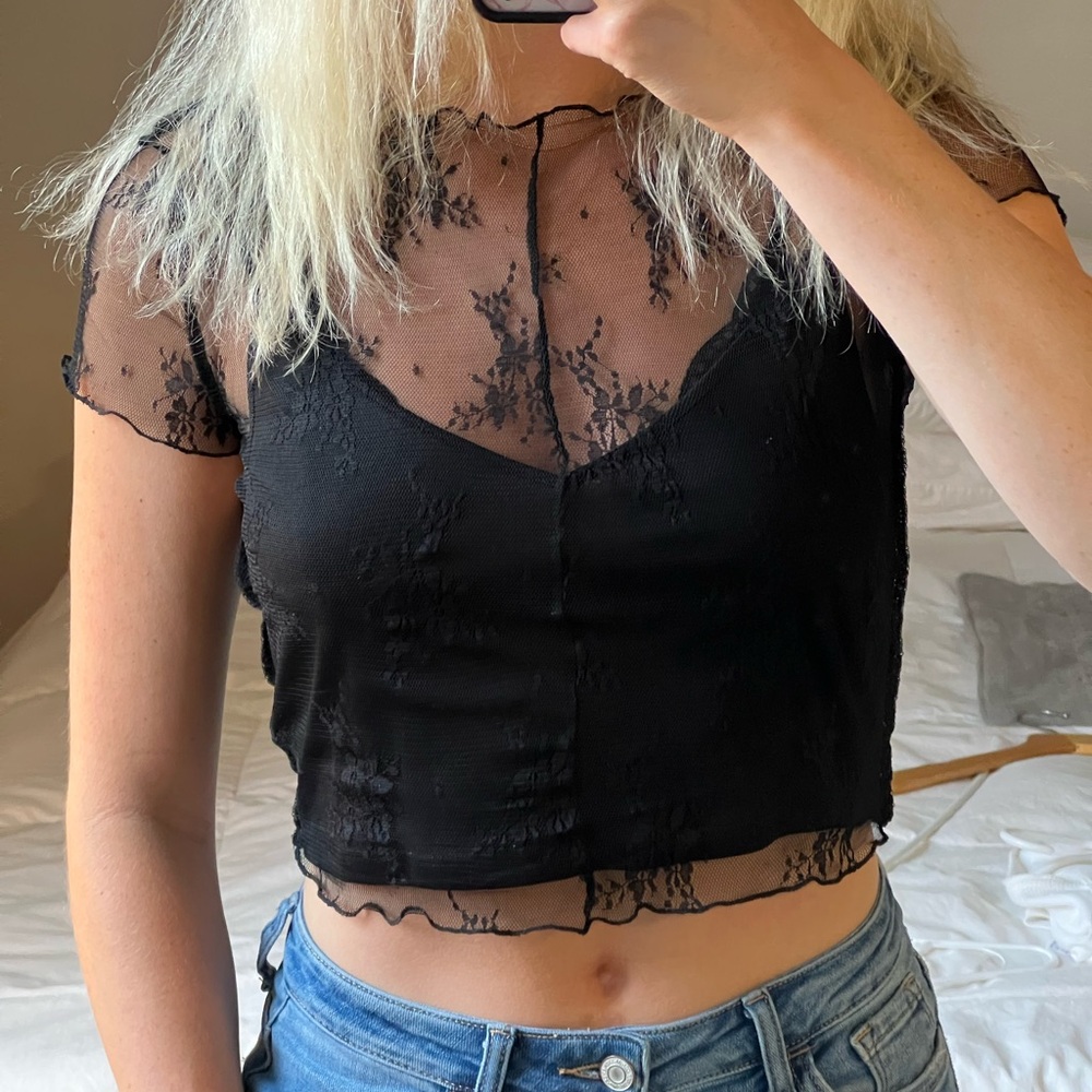 Miu Miu Black Lace Mesh Crop Top